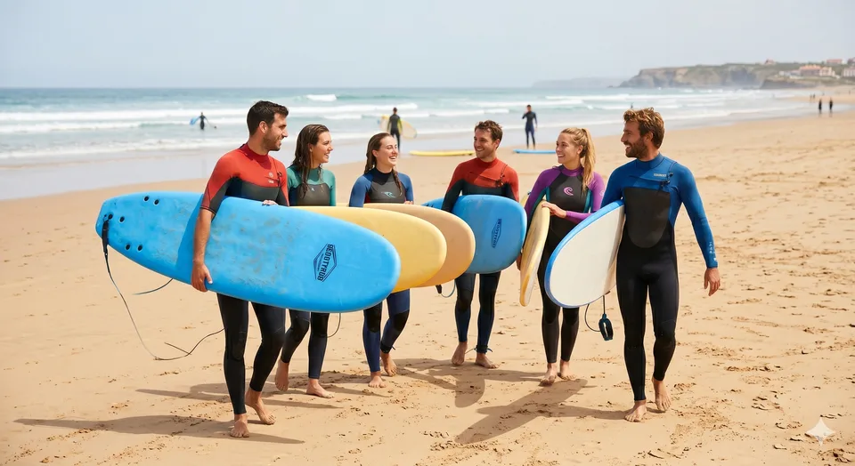 Grupo aprendiendo juntos en la playa