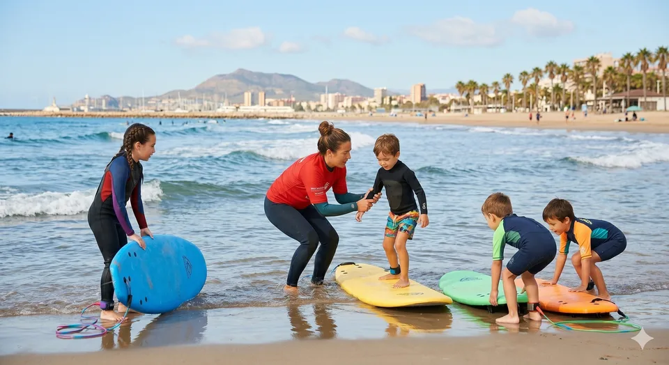Instructor con niños en la orilla, tablas de foam