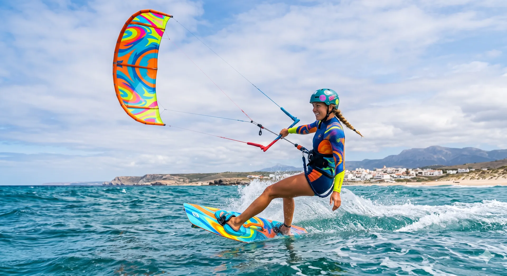 Kitesurf con cometa colorida frente a la costa