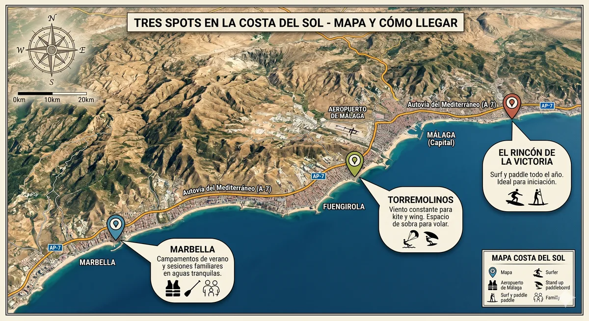 Mapa de los tres spots del club en la Costa del Sol: Rincón, Torremolinos y Marbella